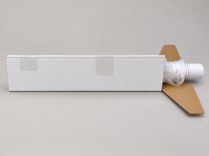 A rolled plan set in a poly bag, sliding into a white shipping tube with a cardboard insert